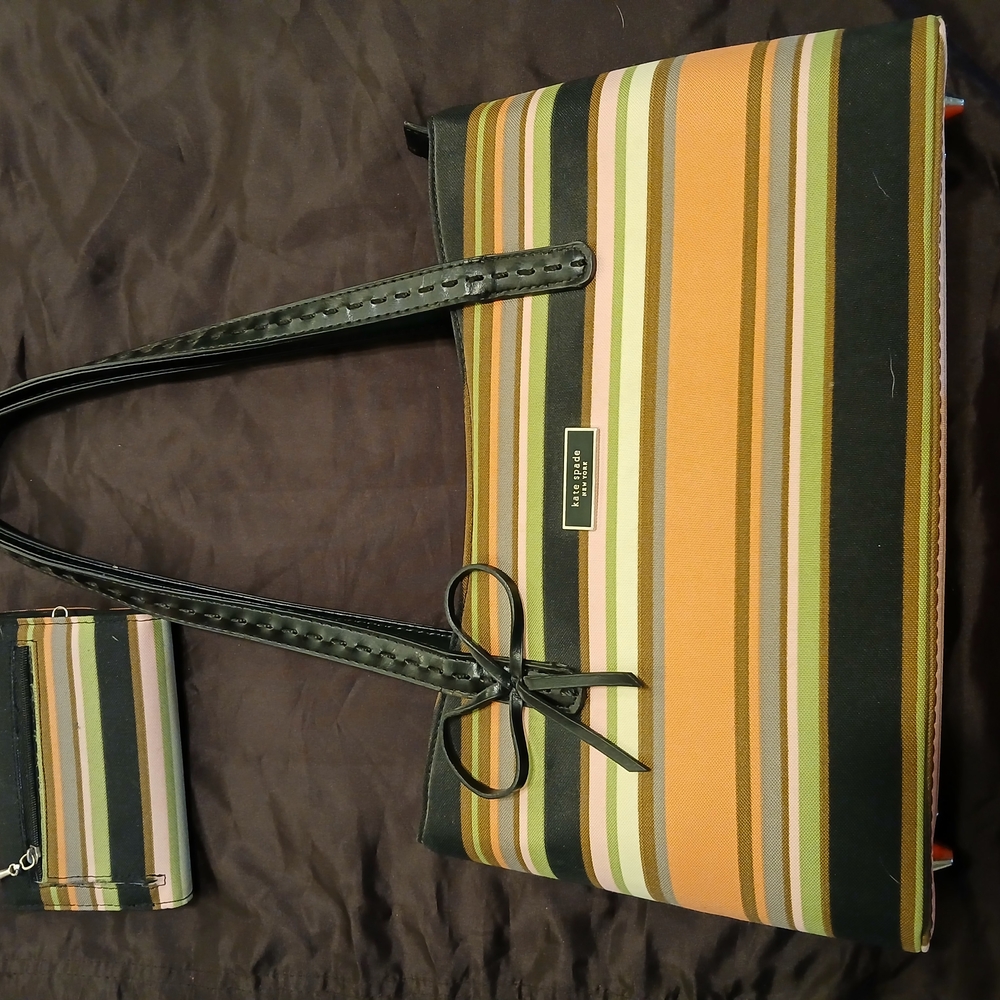 Kate Spade Vibrant Green and Yellow Tote Bag and Wallet with Striped Design